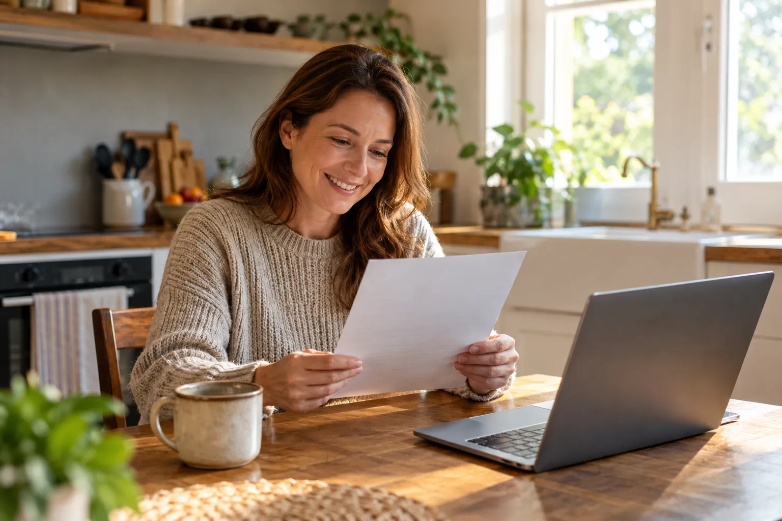 Homeowner reviewing a written plumbing quote at the kitchen table